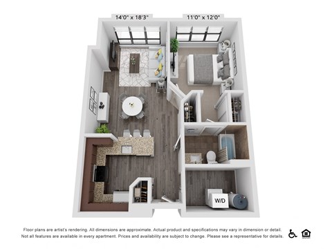 Floor plan for 1 bed, 1 bath, 710 sqft